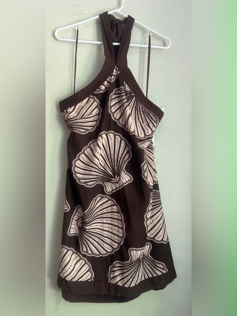 Sincerly Jules Brown and Cream Halter Shell-Print Mini Dress